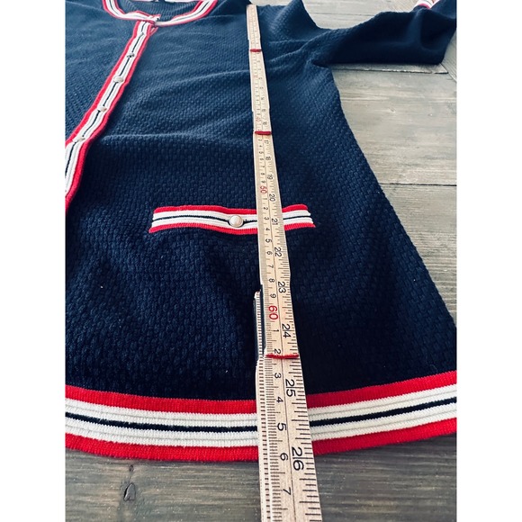 Talbots Navy Textured Knit Cardigan Red White Trim Pearl Button Women's Size M - Picture 11 of 11